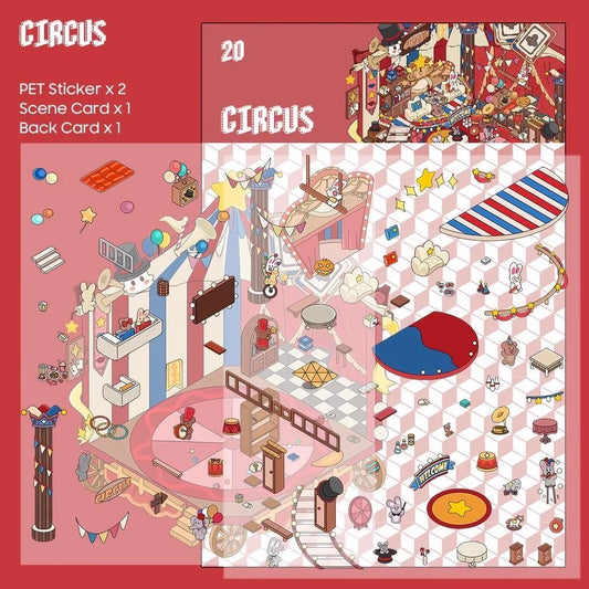 3D miniature scene sticker with circus theme – vibrant tents, clowns, and animals