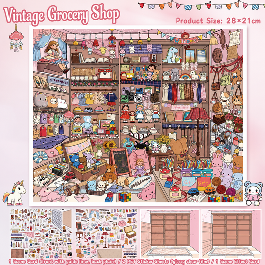 Vintage Grocery Shop scene from Cute Shop Sticker Scenes, a 3D isometric sticker scene with shelves of retro goods and kawaii characters