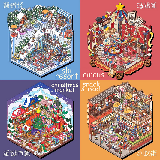 3D sticker scenes of Little World Wonders including snack street, circus, christmas market and ski resort.