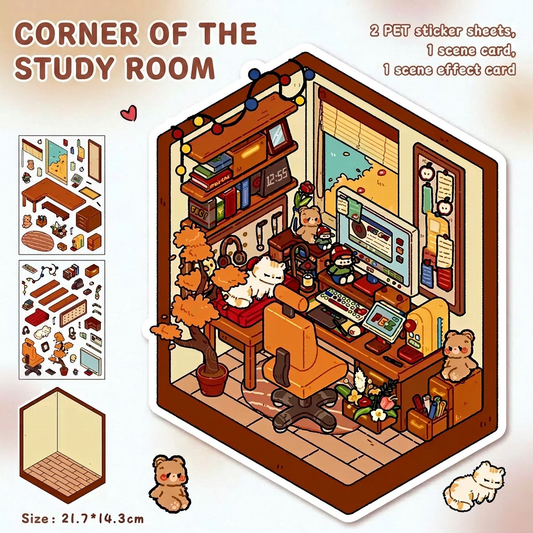 Corner of the Study Room 3D sticker scene. 2 PET sheets + 1 scene card + 1 effect card, size 21.7*14.3cm. Study scenery stickers.