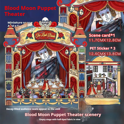 Blood Moon Puppet Theater 3D scene sticker with creepy puppets and gothic stage.