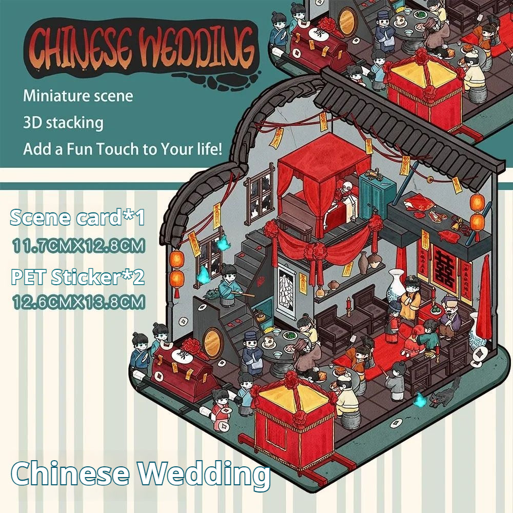 Creepy Chinese Wedding 3D sticker scene with red veils and ghostly atmosphere.