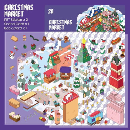 Christmas market 3D sticker scene with festive booths and holiday cheer