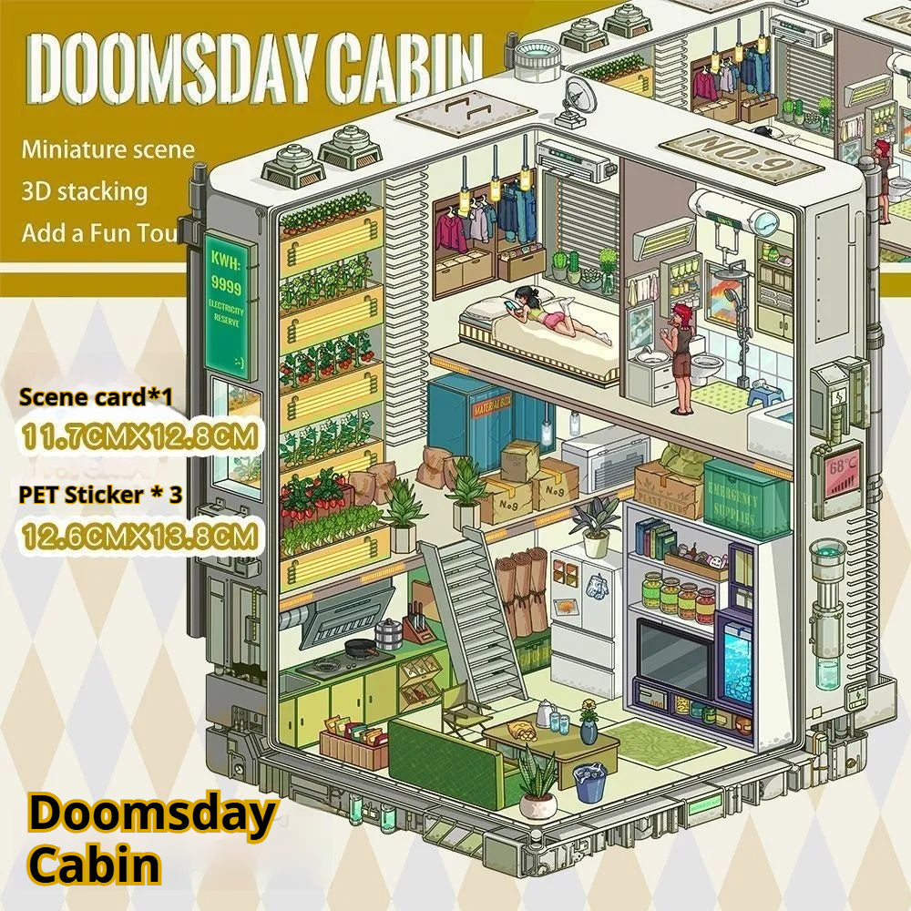 Doomsday Cabin horror sticker scene with survival gear and ominous lighting.