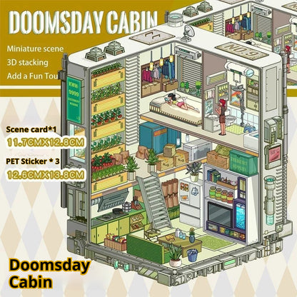 Doomsday Cabin horror sticker scene with survival gear and ominous lighting.