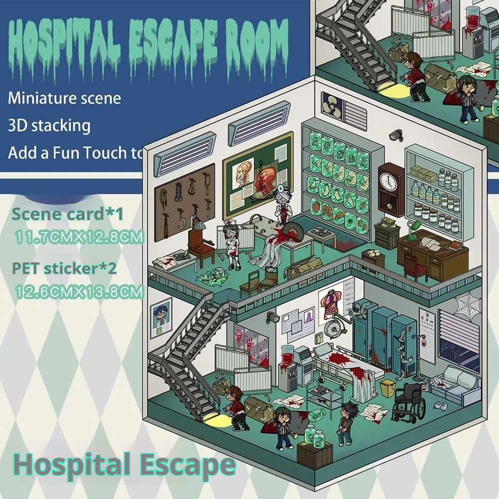 Hospital Escape Room sticker scene with creepy hospital beds and blood stains.