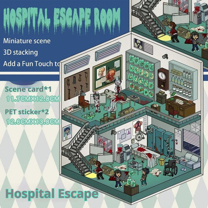 Hospital Escape Room sticker scene with creepy hospital beds and blood stains.