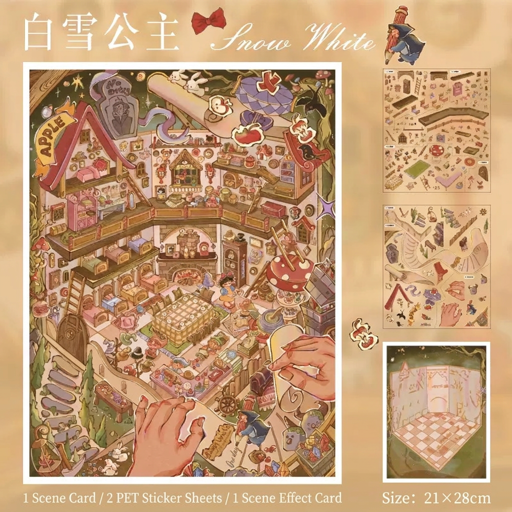 Snow White scene from Princess Fairy Tale Sticker Scenes, a 3D isometric princess cottage sticker scene with fairy tale characters and scenery stickers