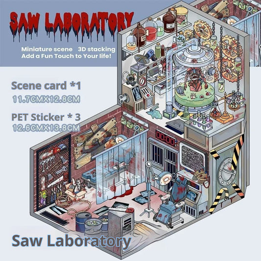 Saw Laboratory 3D miniature scene with eerie tools and test tubes.