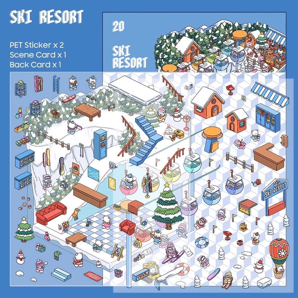 3D sticker room of a snowy ski resort with cabins and skiers