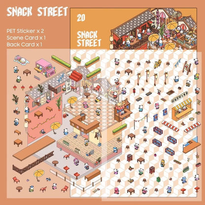 3D sticker scene of a snack street with food stalls and neon lights